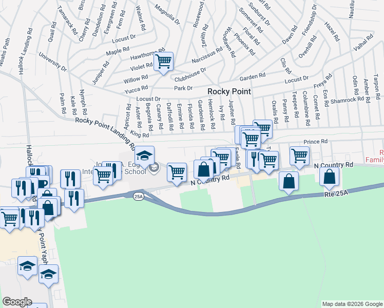 map of restaurants, bars, coffee shops, grocery stores, and more near 11 Crane Road in Rocky Point
