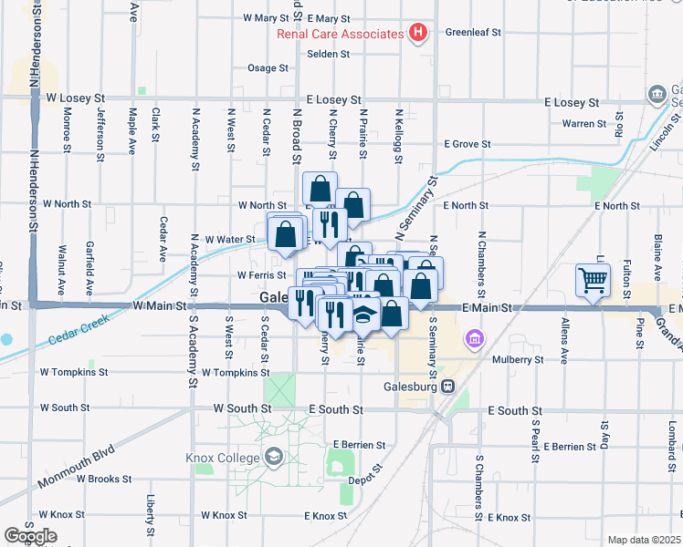 map of restaurants, bars, coffee shops, grocery stores, and more near 143 East Ferris Street in Galesburg