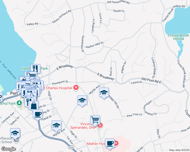 map of restaurants, bars, coffee shops, grocery stores, and more near 330 East Broadway in Port Jefferson