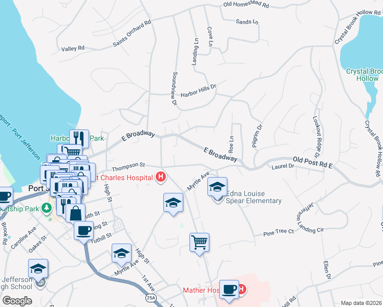 map of restaurants, bars, coffee shops, grocery stores, and more near 330 East Broadway in Port Jefferson