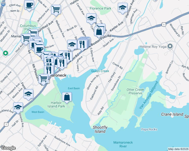 map of restaurants, bars, coffee shops, grocery stores, and more near 648 Shore Acres Drive in Mamaroneck