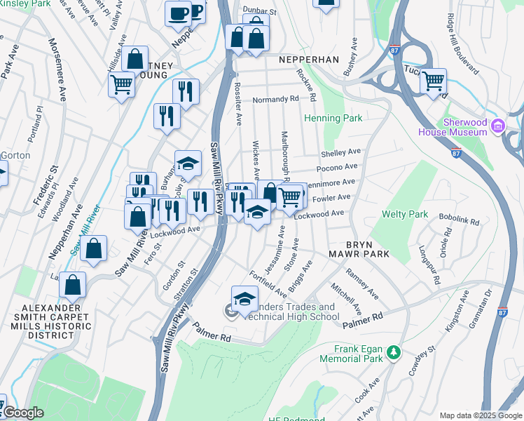 map of restaurants, bars, coffee shops, grocery stores, and more near 135 Lockwood Avenue in Yonkers