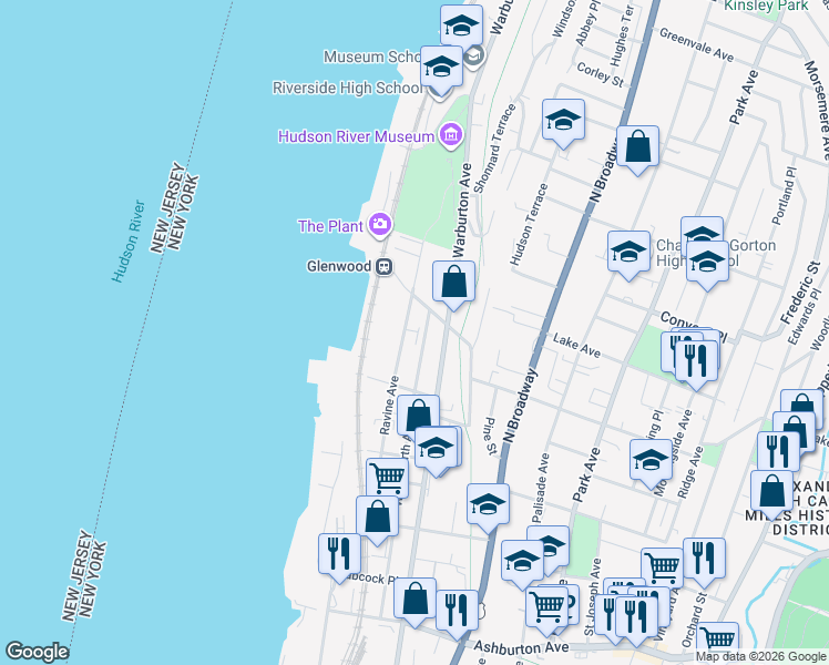 map of restaurants, bars, coffee shops, grocery stores, and more near 140 Ravine Avenue in Yonkers