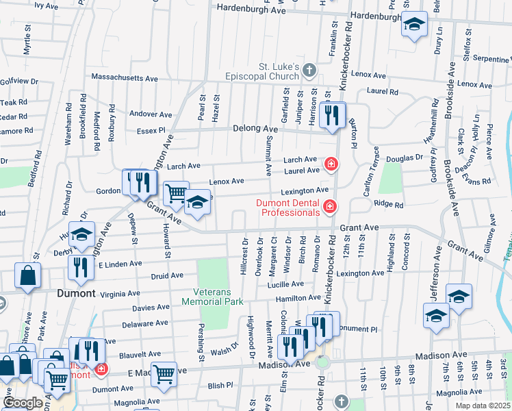 map of restaurants, bars, coffee shops, grocery stores, and more near 31 East Church Court in Dumont