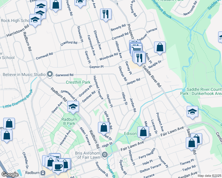 map of restaurants, bars, coffee shops, grocery stores, and more near 19-23 Hunter Place in Fair Lawn