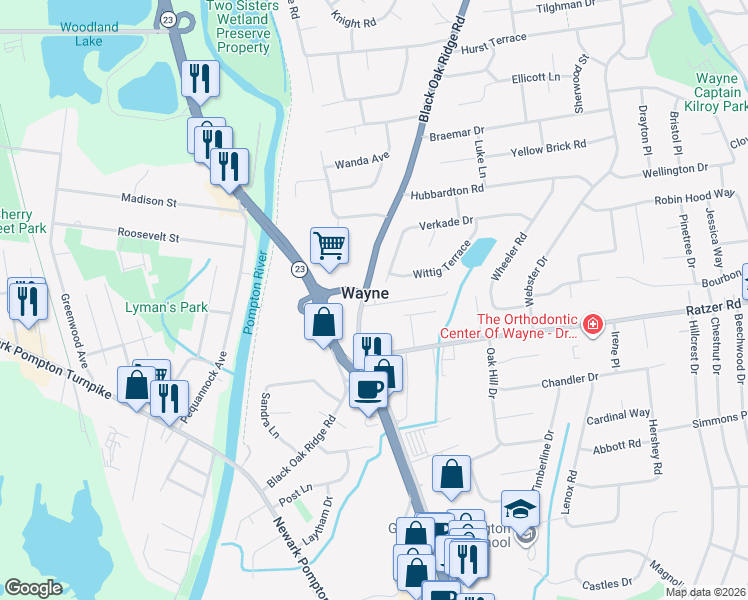 map of restaurants, bars, coffee shops, grocery stores, and more near 15 Vans Lane in Wayne