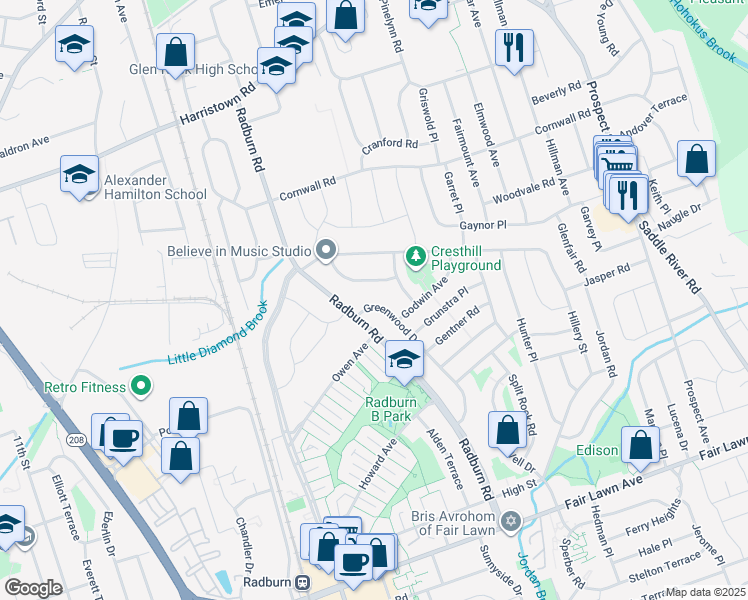 map of restaurants, bars, coffee shops, grocery stores, and more near 21-11 Greenwood Drive in Fair Lawn