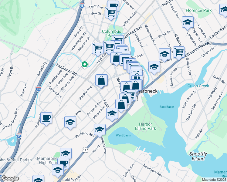 map of restaurants, bars, coffee shops, grocery stores, and more near 318 Prospect Avenue in Mamaroneck