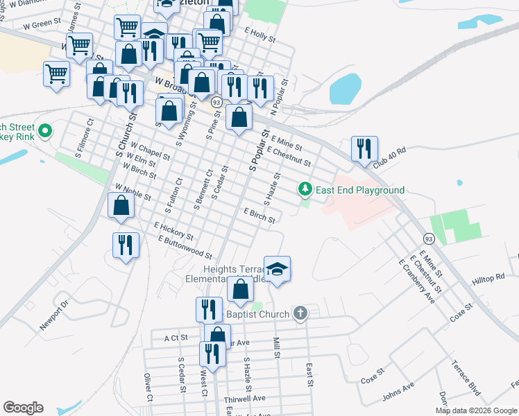 map of restaurants, bars, coffee shops, grocery stores, and more near 333-399 East Birch Street in Hazleton