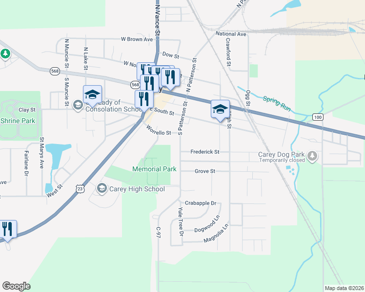 map of restaurants, bars, coffee shops, grocery stores, and more near 332 South Patterson Street in Carey