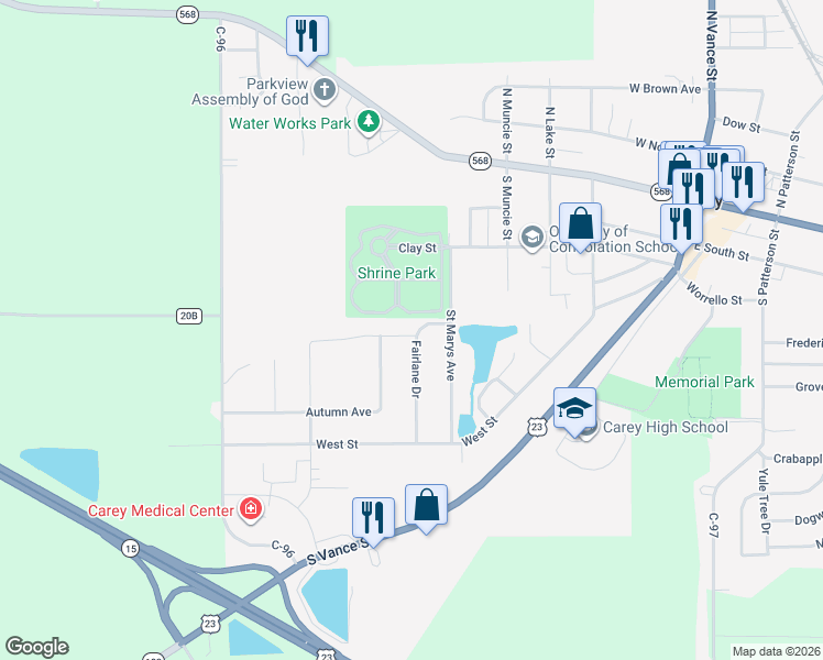 map of restaurants, bars, coffee shops, grocery stores, and more near 596 Fairlane Drive in Carey