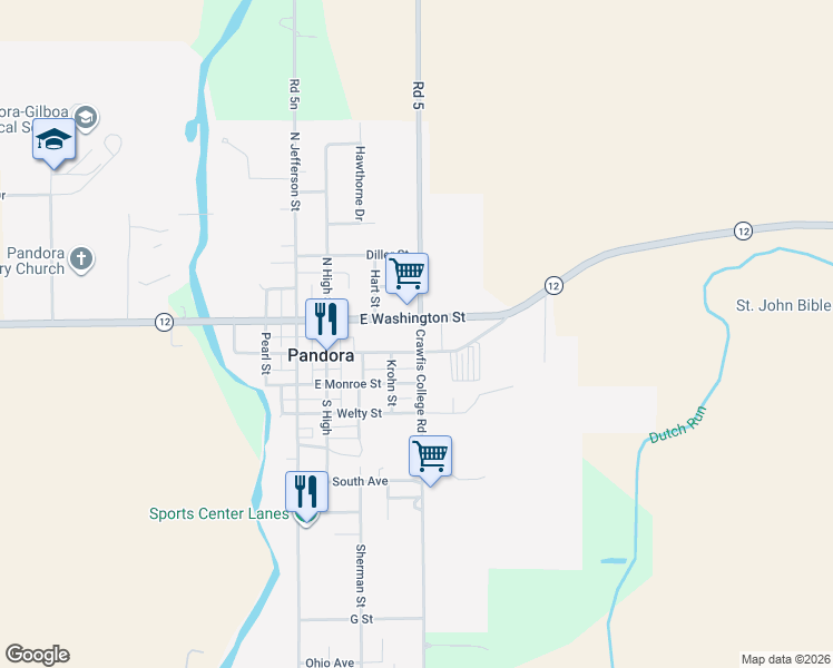map of restaurants, bars, coffee shops, grocery stores, and more near 403 East Main Street in Pandora