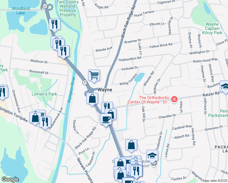 map of restaurants, bars, coffee shops, grocery stores, and more near 15 Vans Lane in Wayne