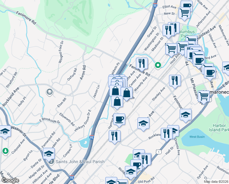 map of restaurants, bars, coffee shops, grocery stores, and more near 645 Fayette Avenue in Mamaroneck