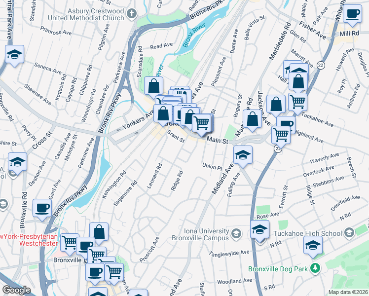 map of restaurants, bars, coffee shops, grocery stores, and more near 28 Fairview Avenue in Tuckahoe