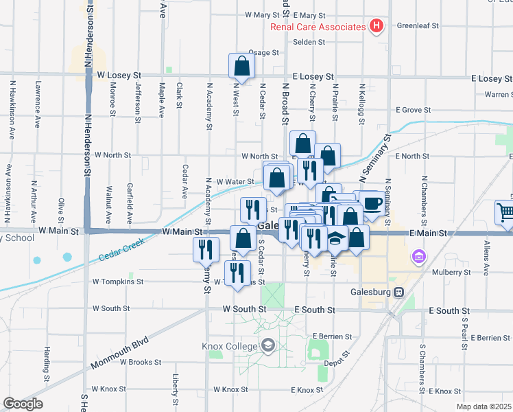 map of restaurants, bars, coffee shops, grocery stores, and more near 158 West Ferris Street in Galesburg