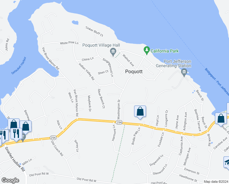 map of restaurants, bars, coffee shops, grocery stores, and more near 5 Harrison Avenue in Setauket- East Setauket