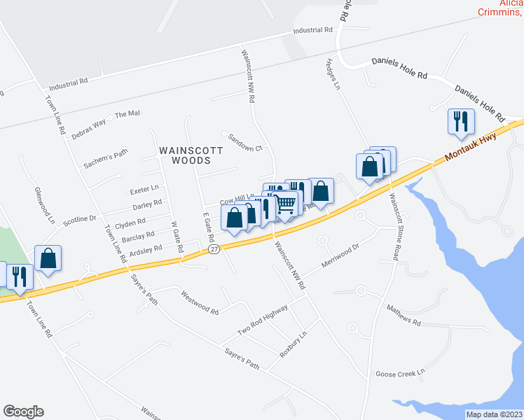map of restaurants, bars, coffee shops, grocery stores, and more near 7 Bathgate Road in Wainscott