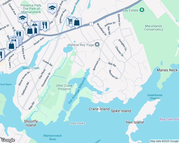 map of restaurants, bars, coffee shops, grocery stores, and more near 52 Brevoort Lane in Rye
