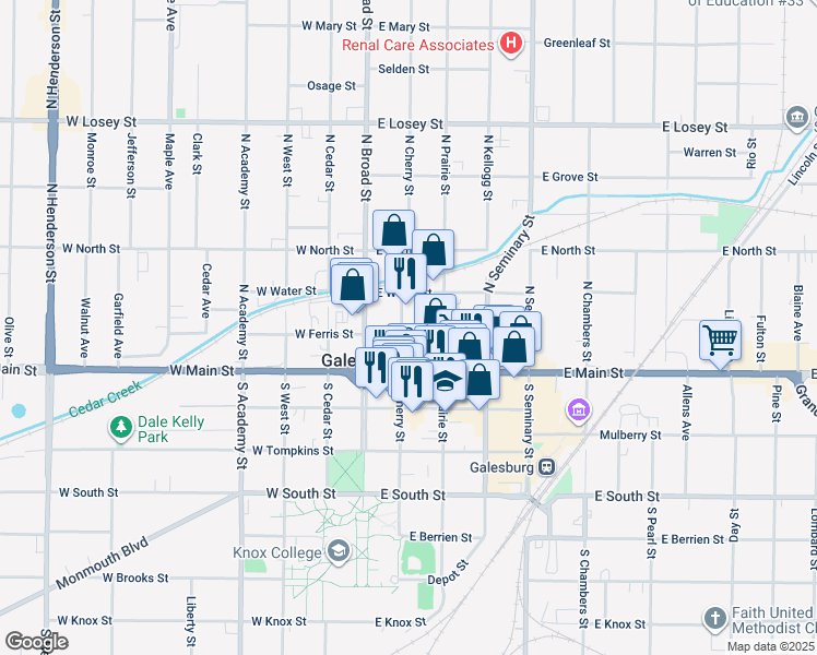 map of restaurants, bars, coffee shops, grocery stores, and more near 143 East Ferris Street in Galesburg