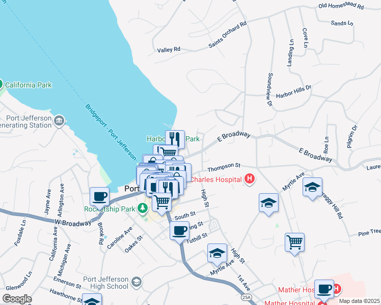 map of restaurants, bars, coffee shops, grocery stores, and more near 111 East Broadway in Port Jefferson