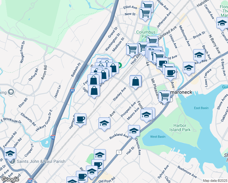 map of restaurants, bars, coffee shops, grocery stores, and more near 515 Stanley Avenue in Mamaroneck