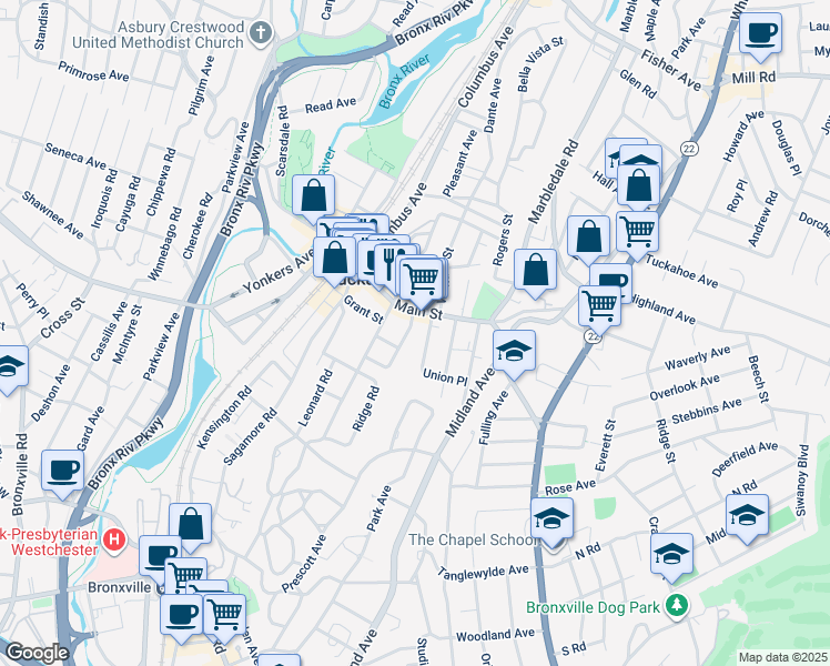 map of restaurants, bars, coffee shops, grocery stores, and more near 32 Terrace Place in Tuckahoe