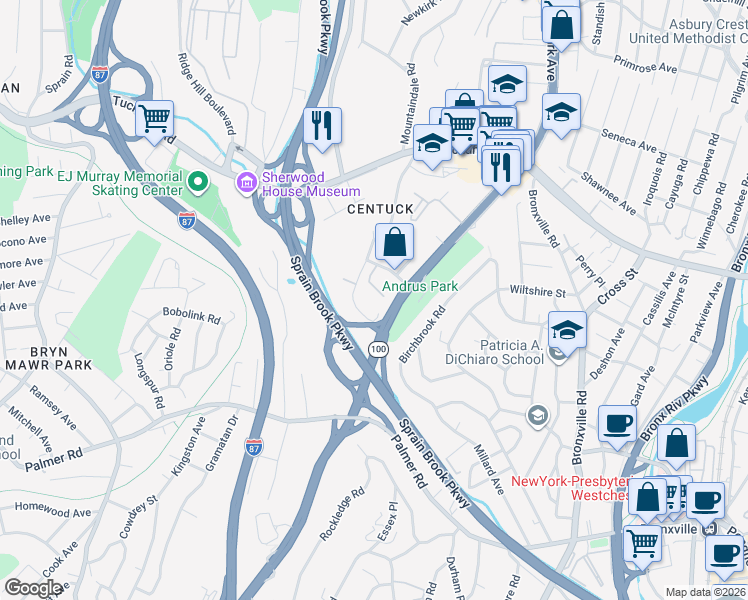 map of restaurants, bars, coffee shops, grocery stores, and more near 9 Winchester Avenue in Yonkers