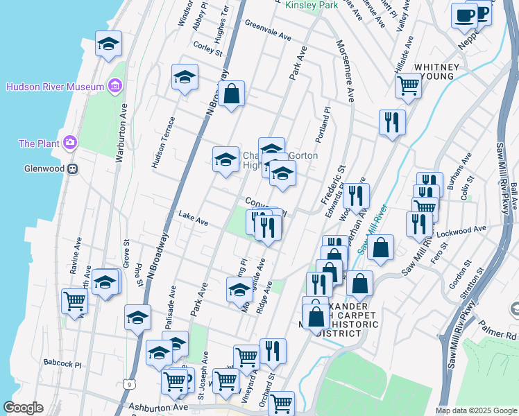 map of restaurants, bars, coffee shops, grocery stores, and more near 1 Convent Avenue in Yonkers