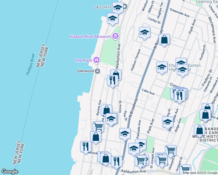 map of restaurants, bars, coffee shops, grocery stores, and more near 140 Ravine Avenue in Yonkers