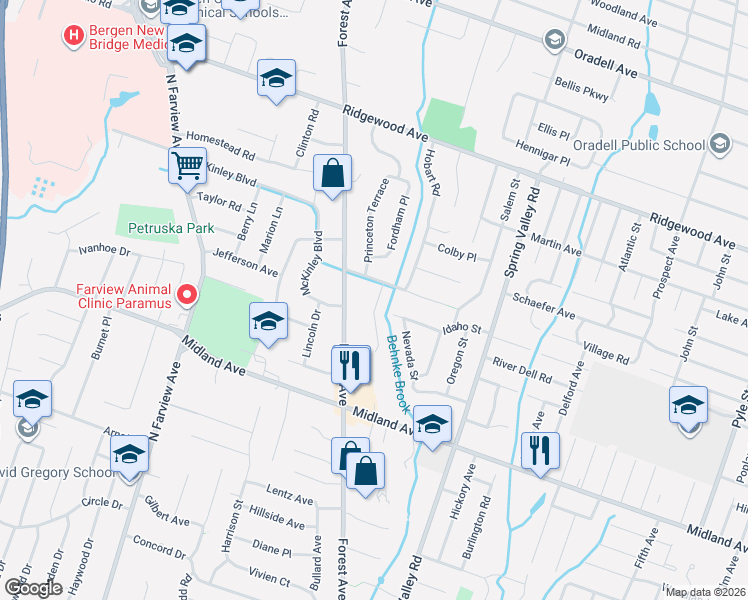 map of restaurants, bars, coffee shops, grocery stores, and more near 474 Forest Avenue in Paramus