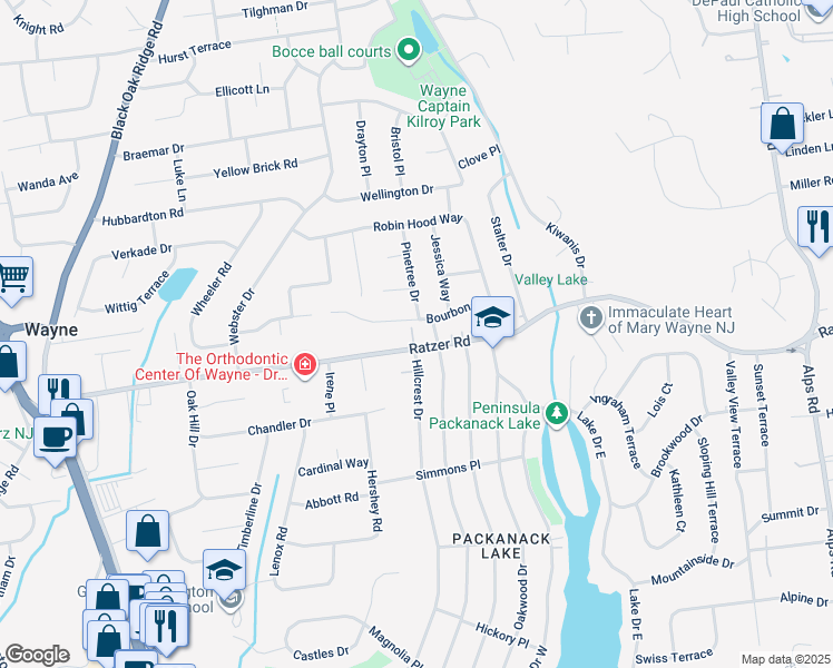 map of restaurants, bars, coffee shops, grocery stores, and more near in Wayne