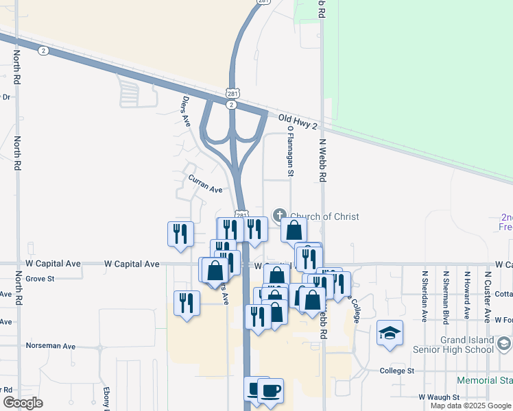 map of restaurants, bars, coffee shops, grocery stores, and more near Highway 2 in Grand Island