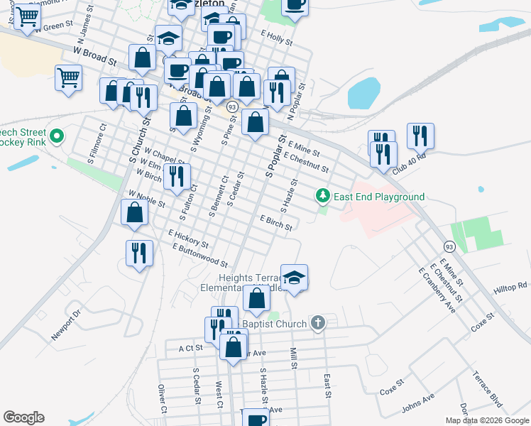 map of restaurants, bars, coffee shops, grocery stores, and more near 333 E Birch St in Hazleton