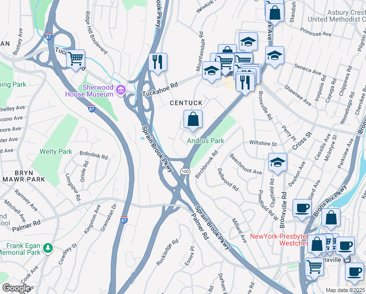 map of restaurants, bars, coffee shops, grocery stores, and more near 9 Winchester Avenue in Yonkers