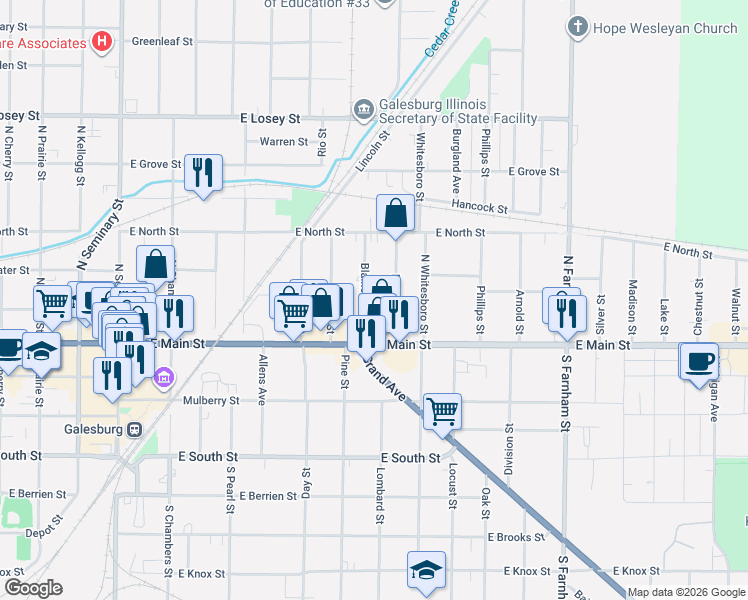 map of restaurants, bars, coffee shops, grocery stores, and more near 247 Blaine Ave in Galesburg