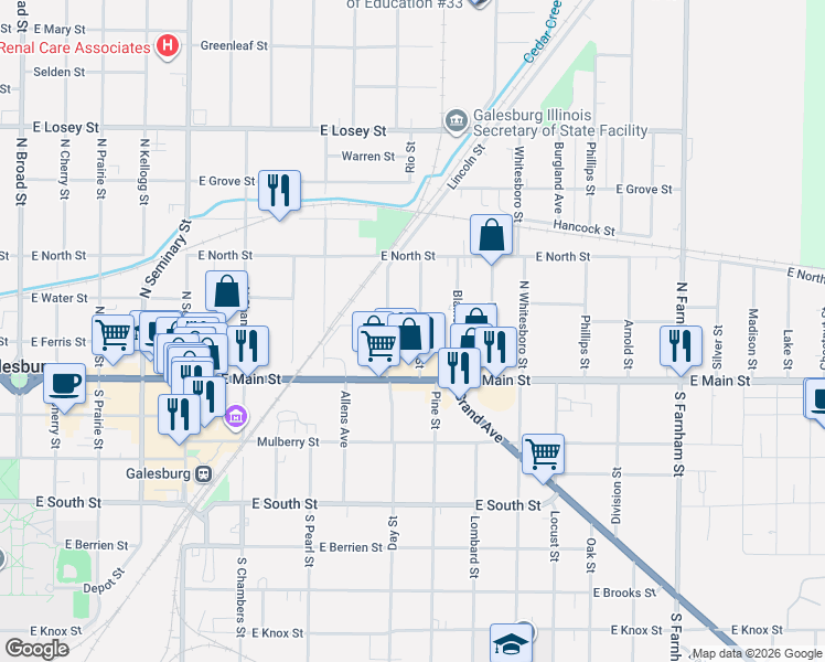 map of restaurants, bars, coffee shops, grocery stores, and more near 96 Fulton Street in Galesburg