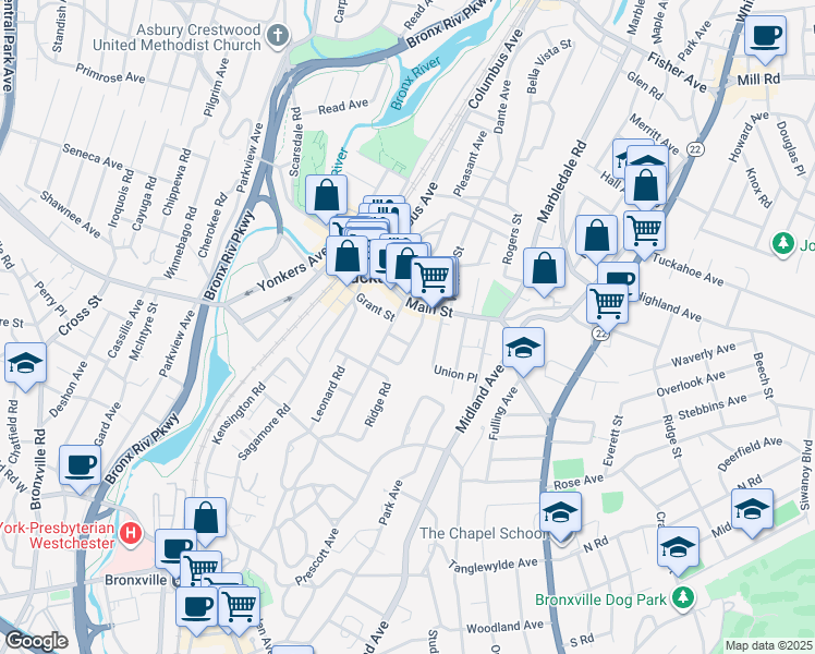 map of restaurants, bars, coffee shops, grocery stores, and more near 32 Terrace Place in Tuckahoe