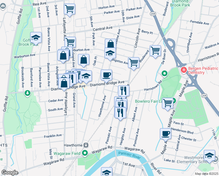map of restaurants, bars, coffee shops, grocery stores, and more near 15 Midland Avenue in Hawthorne