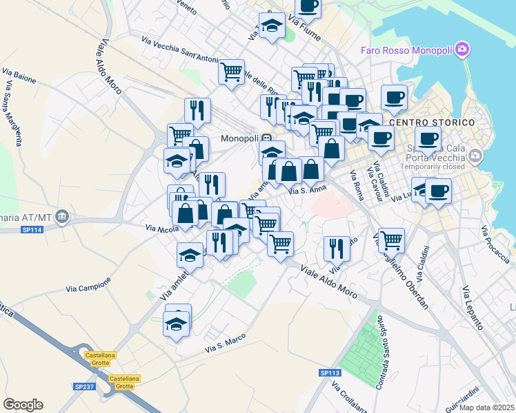 map of restaurants, bars, coffee shops, grocery stores, and more near 5 Piazza San Anna in Monopoli