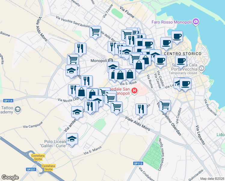 map of restaurants, bars, coffee shops, grocery stores, and more near 17 Traversa I Sant'Anna in Monopoli