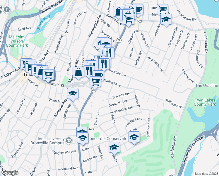 map of restaurants, bars, coffee shops, grocery stores, and more near 31 Prospect Avenue in Eastchester