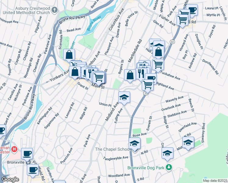 map of restaurants, bars, coffee shops, grocery stores, and more near 168 Main Street in Tuckahoe