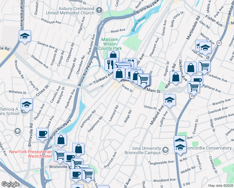 map of restaurants, bars, coffee shops, grocery stores, and more near 1 Ridge Road in Bronxville