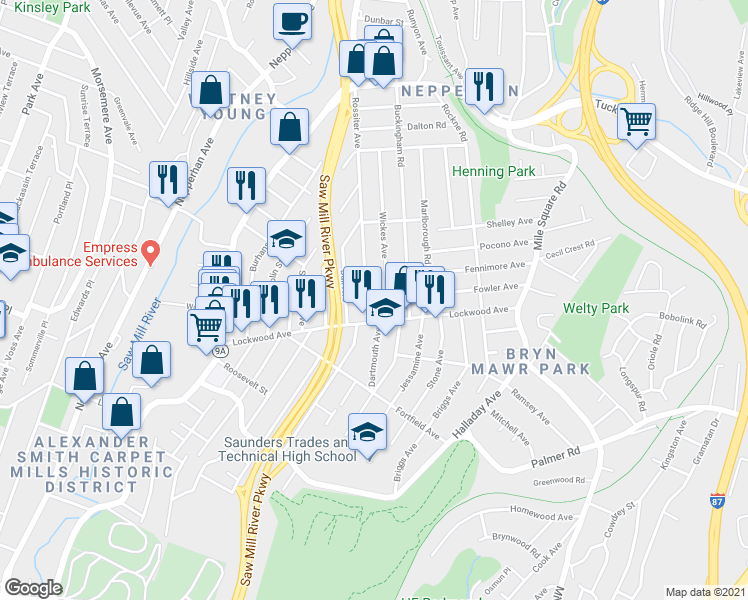 map of restaurants, bars, coffee shops, grocery stores, and more near 7 Rossiter Avenue in Yonkers