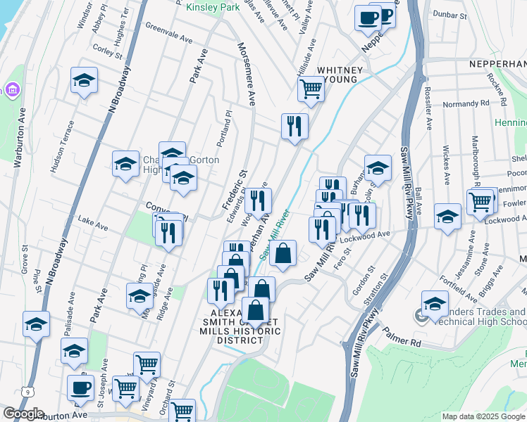 map of restaurants, bars, coffee shops, grocery stores, and more near 675 Nepperhan Avenue in Yonkers