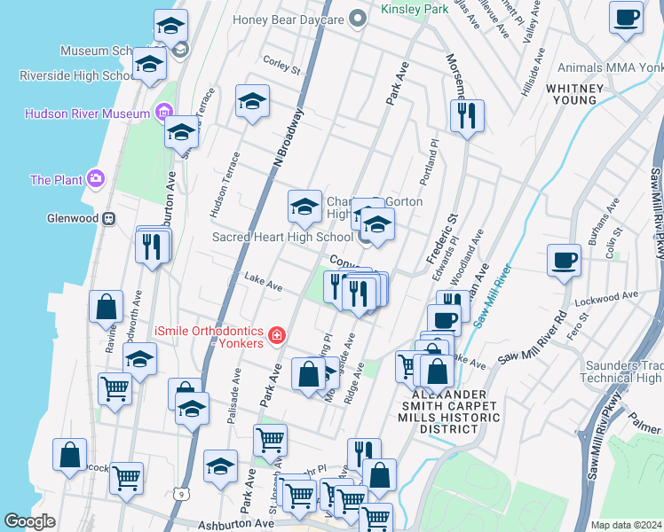 map of restaurants, bars, coffee shops, grocery stores, and more near 75 Lake Avenue in Yonkers