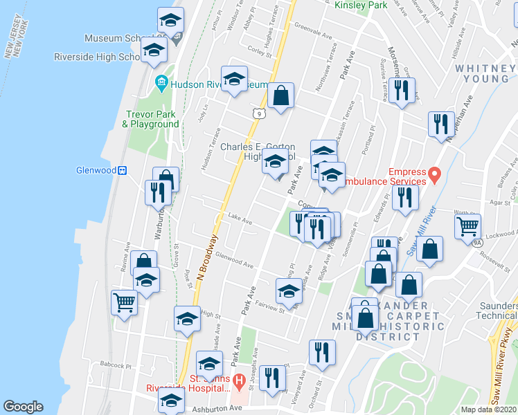 map of restaurants, bars, coffee shops, grocery stores, and more near in Yonkers