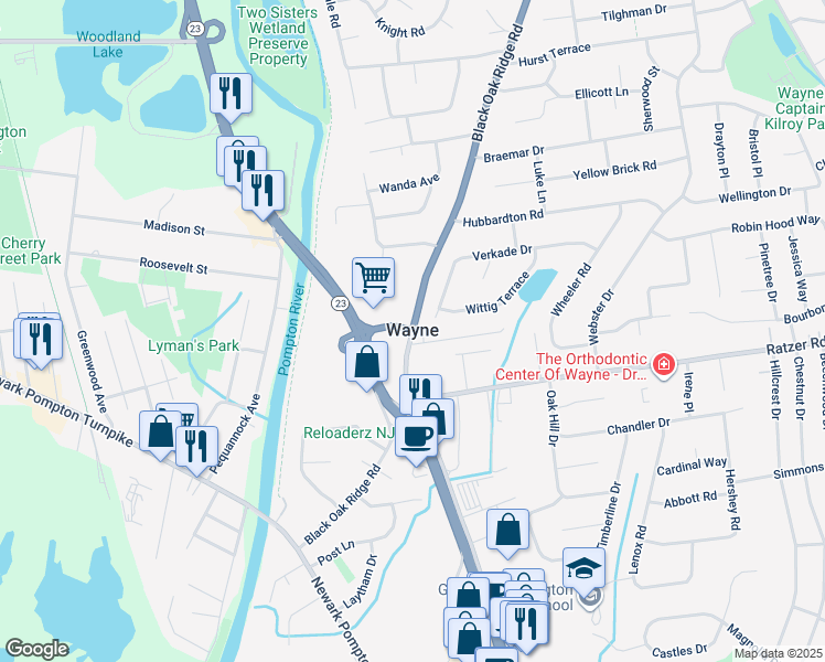 map of restaurants, bars, coffee shops, grocery stores, and more near in Wayne