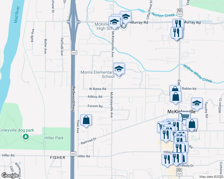 map of restaurants, bars, coffee shops, grocery stores, and more near 2395 McKinleyville Avenue in McKinleyville
